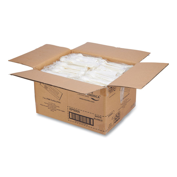 EcoSense Renewable PSM Wrapped Cutlery Kit, Fork/Knife/Napkin/Spoon, Plastic, White, 250/Carton