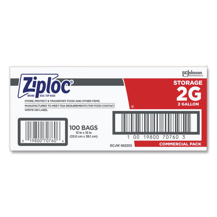 Double Zipper Storage Bags, 2 gal, 1.75 mil, 15" x 13", Clear, 100/Carton