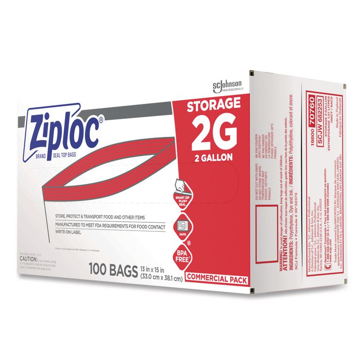 Double Zipper Storage Bags, 2 gal, 1.75 mil, 15" x 13", Clear, 100/Carton