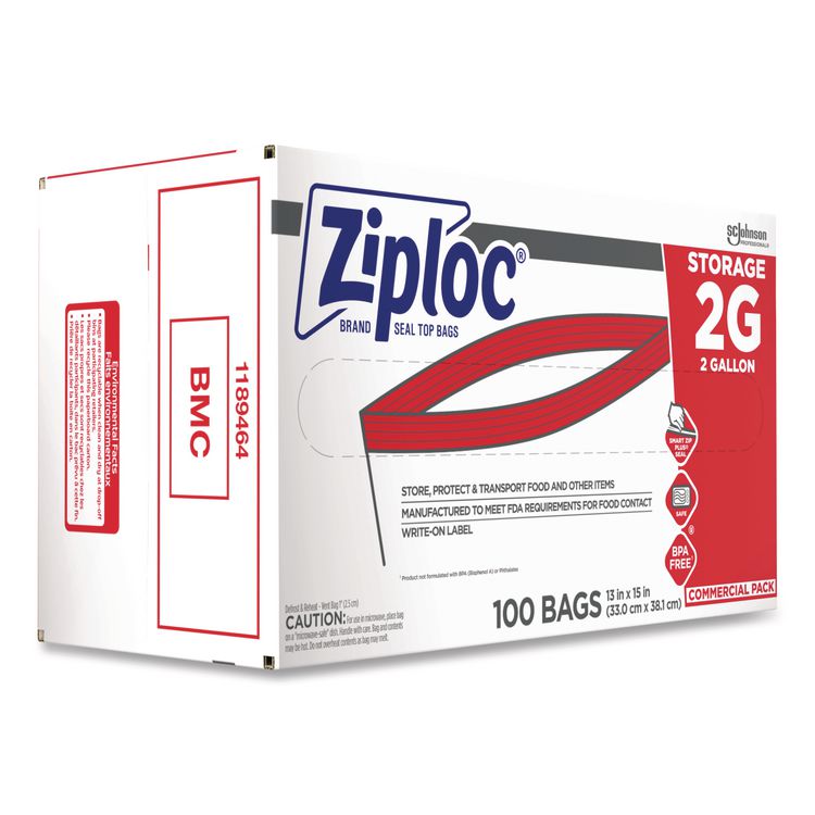 Double Zipper Storage Bags, 2 gal, 1.75 mil, 15" x 13", Clear, 100/Carton