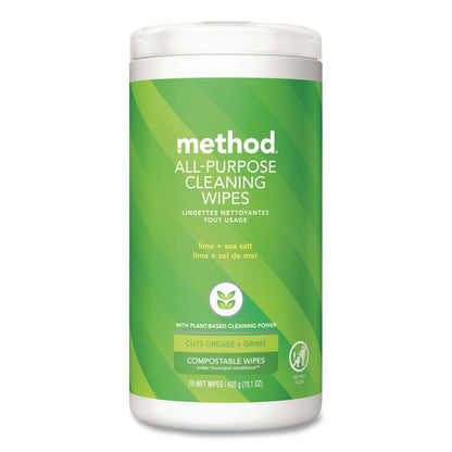 All Purpose Cleaning Wipes, 1 Ply, Lime and Sea Salt, White, 70/Canister, 6/Carton