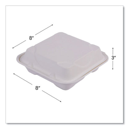 Vanguard Renewable and Compostable Sugarcane Clamshells, 3 Compartments, 8 x 8 x 3, White, 200/Carton