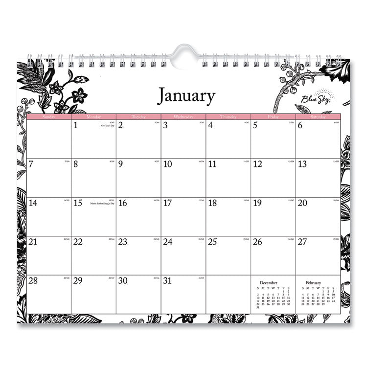 Analeis Wall Calendar, Floral Artwork, 11 x 8.75, White/Black/Coral Sheets, 12-Month (Jan to Dec): 2026