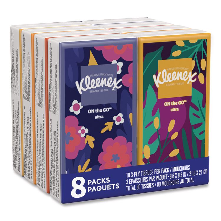 On The Go Packs Facial Tissues, 3-Ply, White, 10 Sheets/Pouch, 8 Pouches/Pack, 12 Packs/Carton