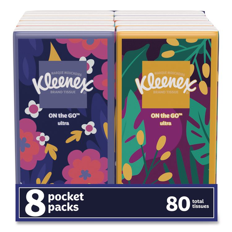 On The Go Packs Facial Tissues, 3-Ply, White, 10 Sheets/Pouch, 8 Pouches/Pack
