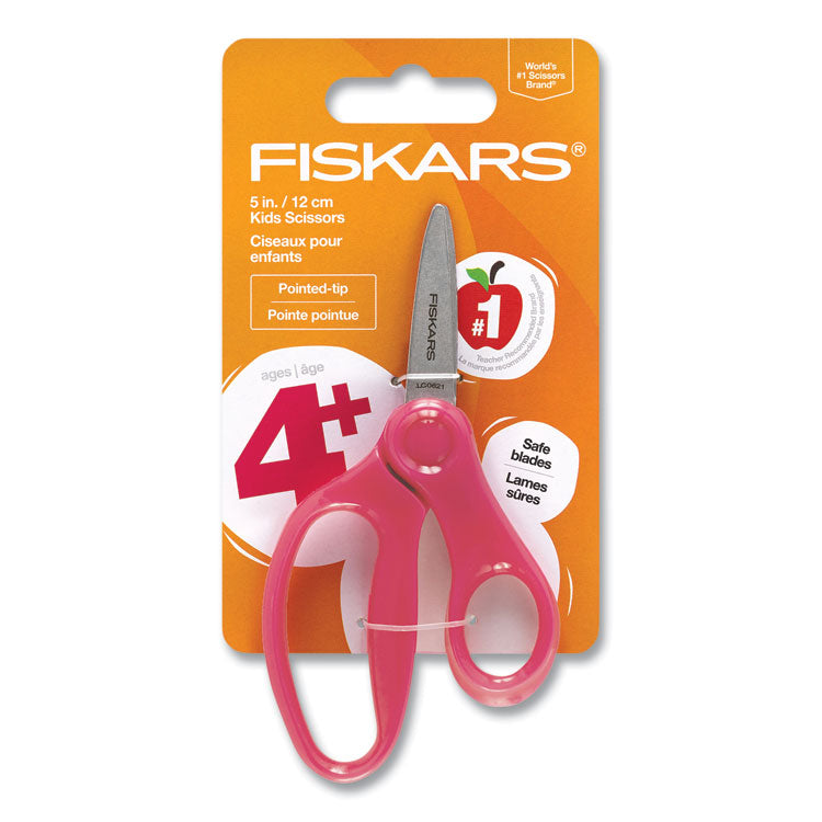Kids Scissors, Pointed Tip, 5" Long, 1.75" Cut Length, Straight Handle, Randomly Assorted Handle Color