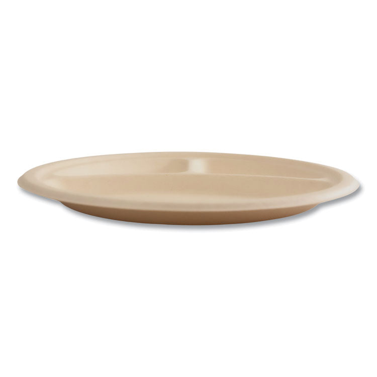 Molded Fiber PFAS-Free Dinnerware, 3-Compartment Plate, Sugarcane, 10" dia, Tan, 500/Carton
