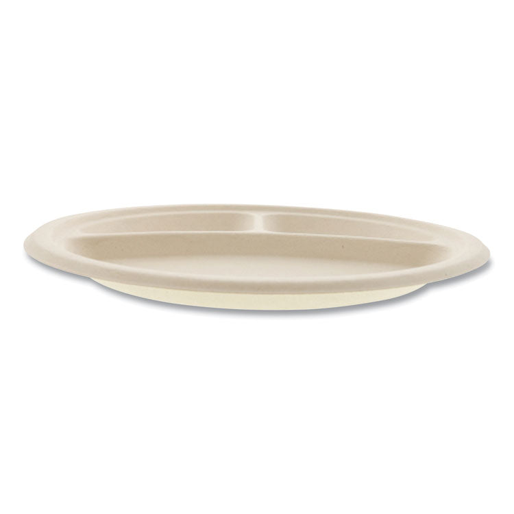 Molded Fiber PFAS-Free Dinnerware, 3-Compartment Plate, Sugarcane, 10" dia, Tan, 500/Carton