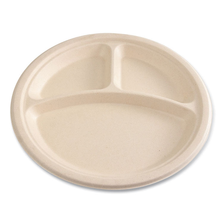 Molded Fiber PFAS-Free Dinnerware, 3-Compartment Plate, Sugarcane, 10" dia, Tan, 500/Carton