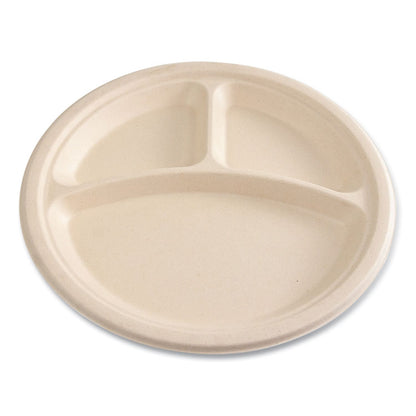 Molded Fiber PFAS-Free Dinnerware, 3-Compartment Plate, Sugarcane, 10" dia, Tan, 500/Carton