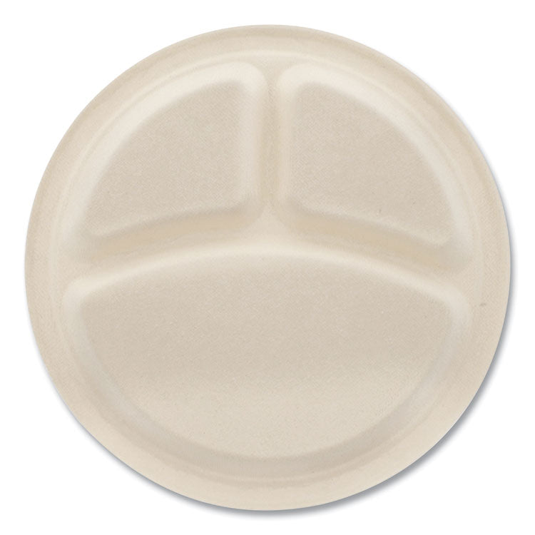 Molded Fiber PFAS-Free Dinnerware, 3-Compartment Plate, Sugarcane, 10" dia, Tan, 500/Carton