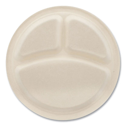 Molded Fiber PFAS-Free Dinnerware, 3-Compartment Plate, Sugarcane, 10" dia, Tan, 500/Carton