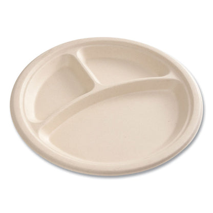 Molded Fiber PFAS-Free Dinnerware, 3-Compartment Plate, Sugarcane, 10" dia, Tan, 500/Carton