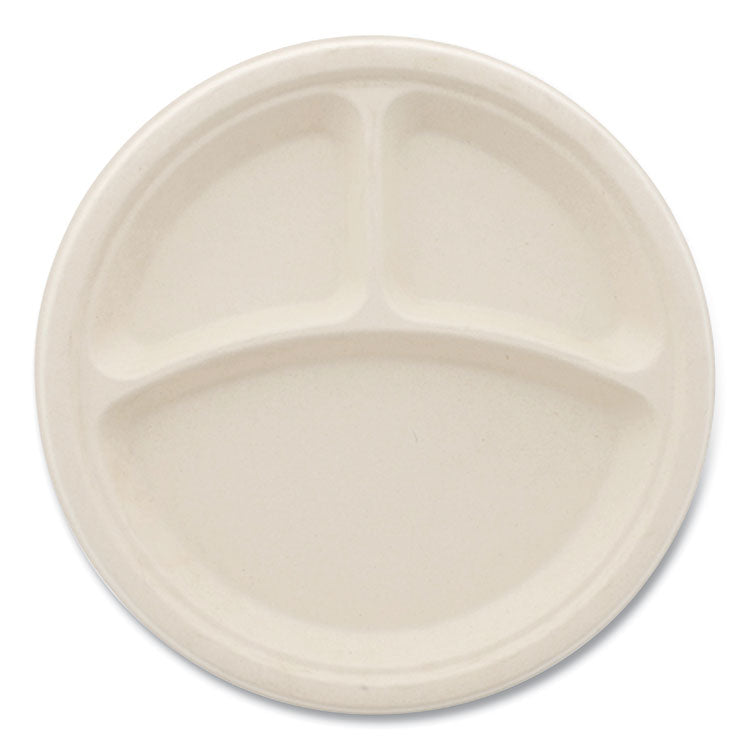 Molded Fiber PFAS-Free Dinnerware, 3-Compartment Plate, Sugarcane, 10" dia, Tan, 500/Carton