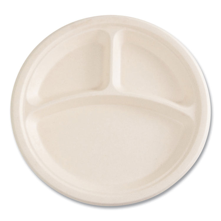 Molded Fiber PFAS-Free Dinnerware, 3-Compartment Plate, Sugarcane, 10" dia, Tan, 500/Carton