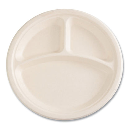 Molded Fiber PFAS-Free Dinnerware, 3-Compartment Plate, Sugarcane, 10" dia, Tan, 500/Carton