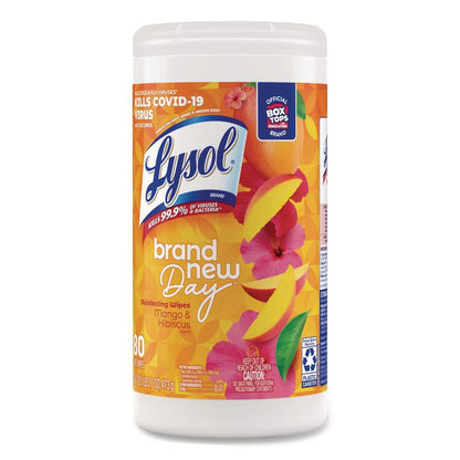 Disinfecting Wipes, 1-Ply, 7 x 7.25, Mango and Hibiscus, White, 80 Wipes/Canister, 6 Canisters/Carton