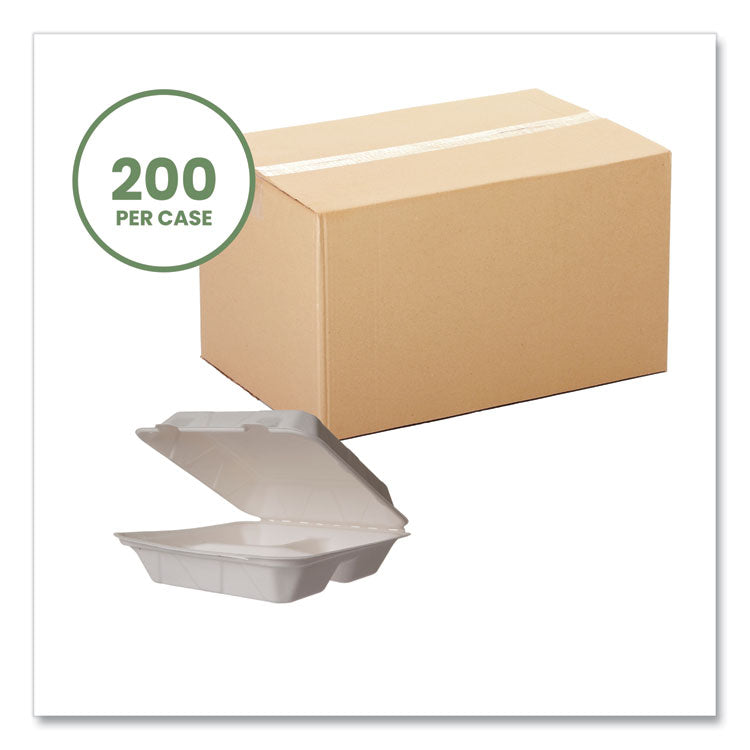 White Molded Fiber Clamshell Containers, Compostable, 3 Compartments, 9 x 18 x 2, White, Sugarcane, 200/Carton