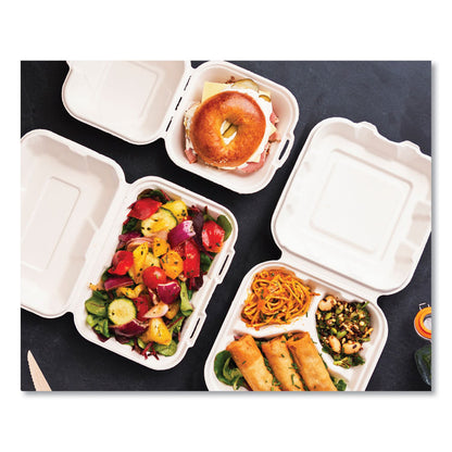 White Molded Fiber Clamshell Container, Compostable, 7.9 x 7.9 x 2.9, White, Sugarcane, 200/Carton