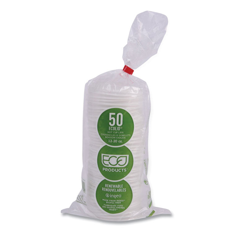 EcoLid Renewable/Compostable Hot Cup Lids, Fits 10 oz to 20 oz Hot Cups, Plastic, White, 50/Pack, 16 Packs/Carton