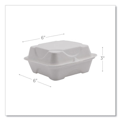 Vanguard Renewable and Compostable Sugarcane Clamshells, 6 x 6 x 3, White, 500/Carton