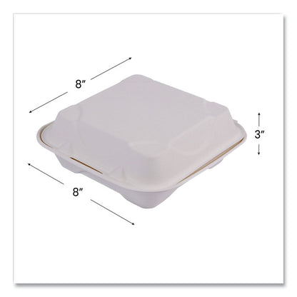Vanguard Renewable and Compostable Sugarcane Clamshells, 8 x 8 x 3, White, 200/Carton