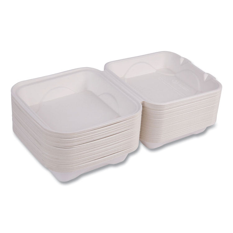 Vanguard Renewable and Compostable Sugarcane Clamshells, 8 x 8 x 3, White, 200/Carton
