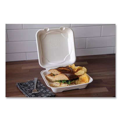 Vanguard Renewable and Compostable Sugarcane Clamshells, 8 x 8 x 3, White, 200/Carton