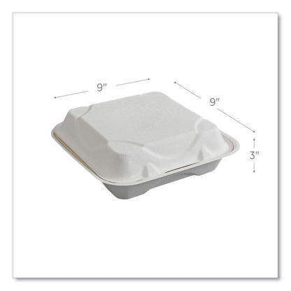 Vanguard Renewable and Compostable Sugarcane Clamshells, 9 x 9 x 3, White, 200/Carton
