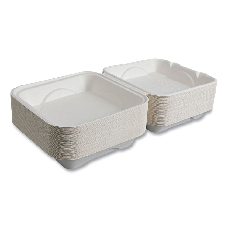 Vanguard Renewable and Compostable Sugarcane Clamshells, 9 x 9 x 3, White, 200/Carton