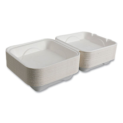 Vanguard Renewable and Compostable Sugarcane Clamshells, 9 x 9 x 3, White, 200/Carton