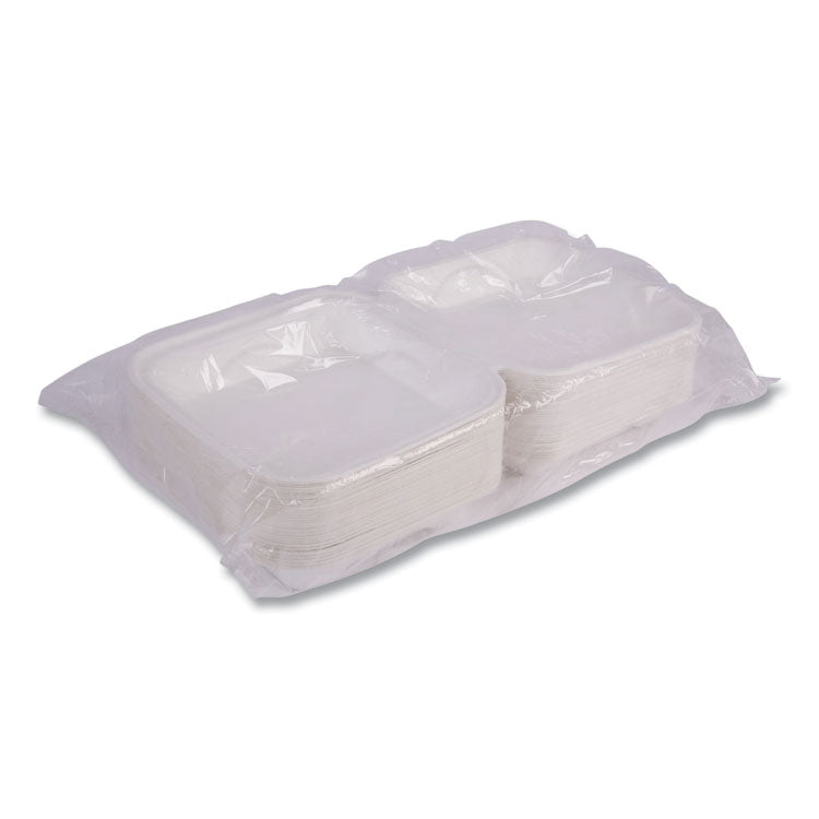 Vanguard Renewable and Compostable Sugarcane Clamshells, 9 x 9 x 3, White, 200/Carton