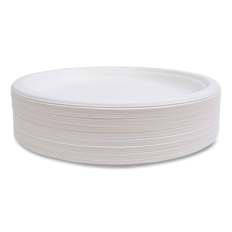 Vanguard Renewable and Compostable Sugarcane Plates, 10" dia, White, 500/Carton
