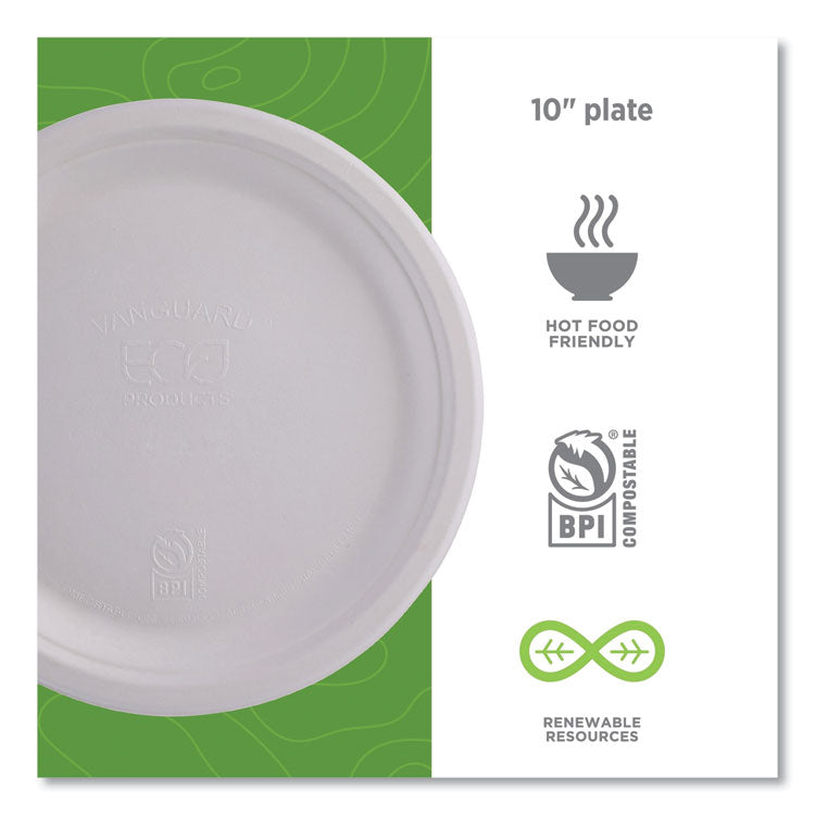 Vanguard Renewable and Compostable Sugarcane Plates, 10" dia, White, 500/Carton
