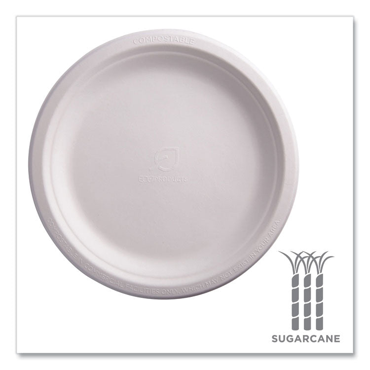Vanguard Renewable and Compostable Sugarcane Plates, 9" dia, White, 500/Carton