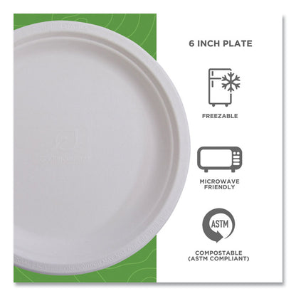 Vanguard Renewable and Compostable Sugarcane Plates, 6" dia, White, 1,000/Carton