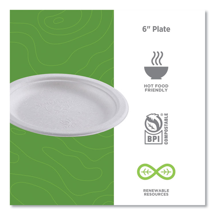 Vanguard Renewable and Compostable Sugarcane Plates, 6" dia, White, 1,000/Carton