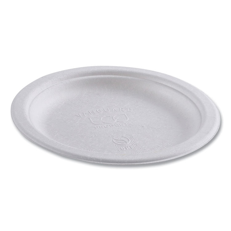 Vanguard Renewable and Compostable Sugarcane Plates, 6" dia, White, 1,000/Carton