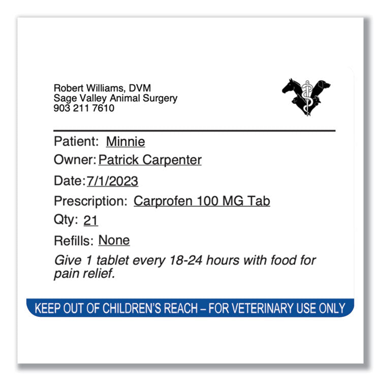 Veterinary Prescription Labels for LabelWriter Label Printers, 2.12 x 2.75, Black/White, 400 Labels/Roll, 6 Rolls/Pack