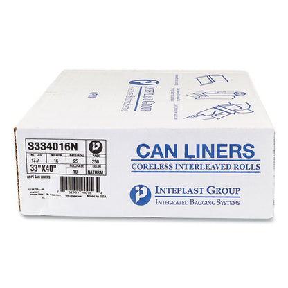 High-Density Commercial Can Liners, 33 gal, 16 mic, 33" x 40", Clear, Interleaved Roll, 25 Bags/Roll, 10 Rolls/Carton