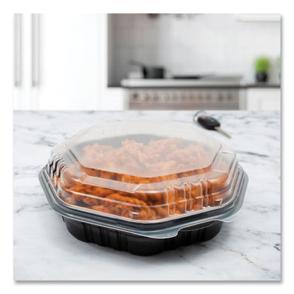 OctaView Hinged-Lid Hot Food Containers, 7.47 x 7.94 x 3.11, Black/Clear, Plastic, 100/Carton