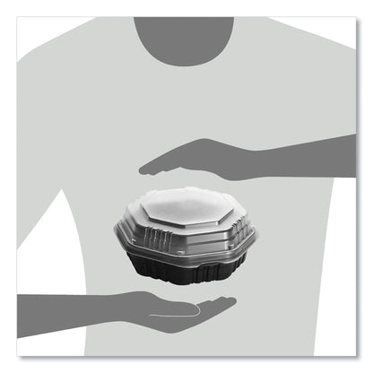 OctaView Hinged-Lid Hot Food Containers, 7.47 x 7.94 x 3.11, Black/Clear, Plastic, 100/Carton