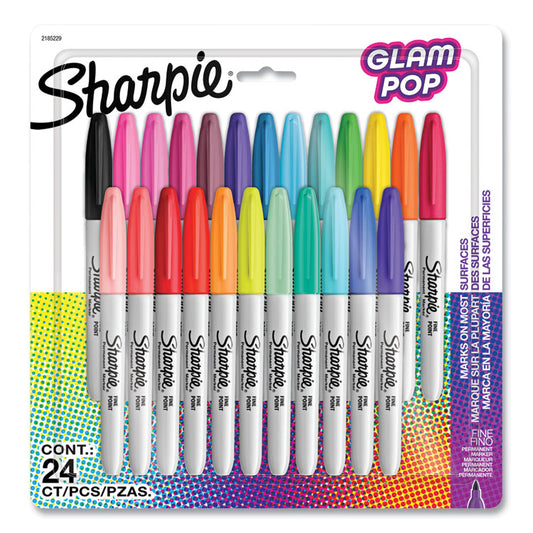 Fine Tip Permanent Marker, Fine Bullet Tip, Assorted 80s Glam Colors, 24/Pack