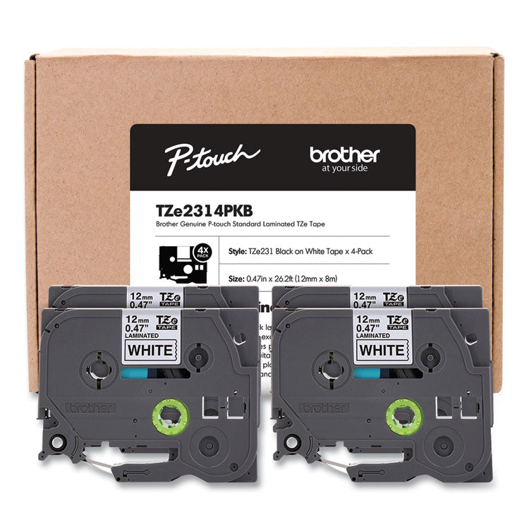 TZe Series Standard Adhesive Laminated Labeling Tape, 0.5", Black on White, 4/Pack