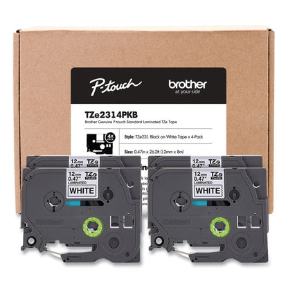 TZe Series Standard Adhesive Laminated Labeling Tape, 0.5", Black on White, 4/Pack
