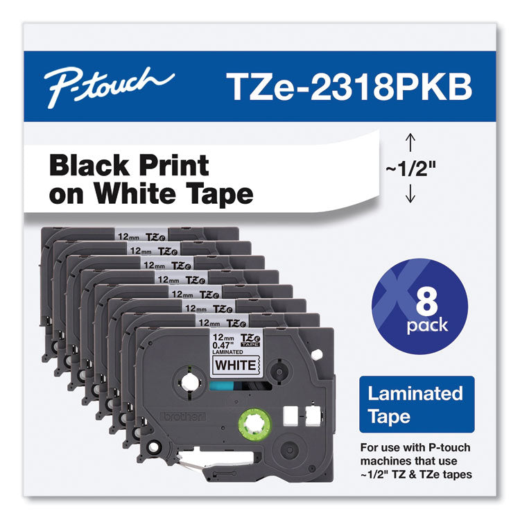 TZe Series Standard Adhesive Laminated Labeling Tape, 0.5", Black on White, 8/Pack