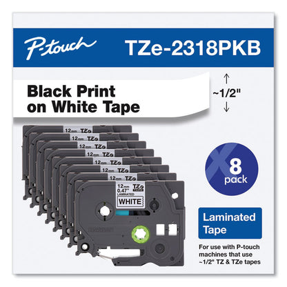 TZe Series Standard Adhesive Laminated Labeling Tape, 0.5", Black on White, 8/Pack