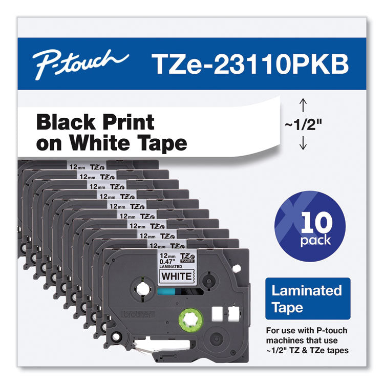 TZe Series Standard Adhesive Laminated Labeling Tape, 0.5", Black on White, 10/Pack