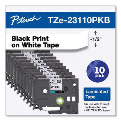 TZe Series Standard Adhesive Laminated Labeling Tape, 0.5", Black on White, 10/Pack