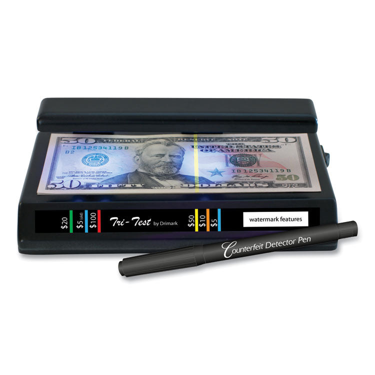 Tri Test Counterfeit Bill Detector for USD and Most International Currencies, 3 Detection Methods, 7" x 4" x 2.5", Black